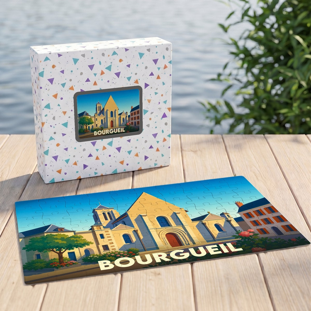 Puzzle souvenir de la ville de Bourgueil avec une illustration stylisée de son architecture.