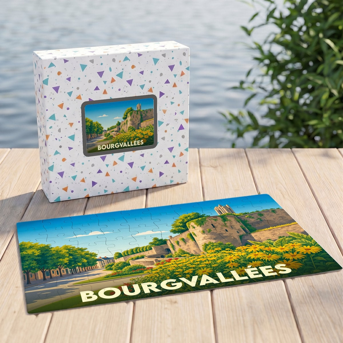 Puzzle souvenir de la ville de Bourgvallées avec une illustration stylisée d'un paysage historique et fleuri.