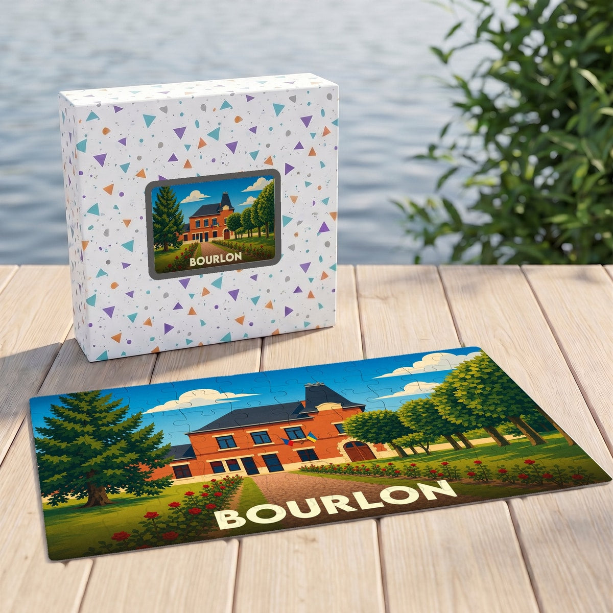 Puzzle souvenir de la ville de Bourlon avec une illustration stylisée.