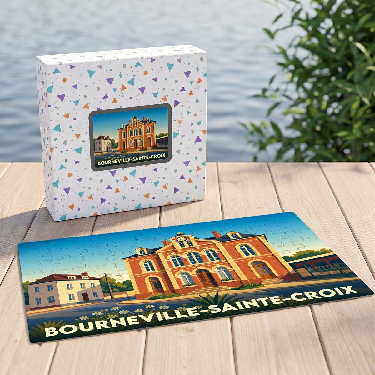 Puzzle souvenir de la ville de Bourneville-Sainte-Croix avec une illustration stylisée d'un bâtiment historique.