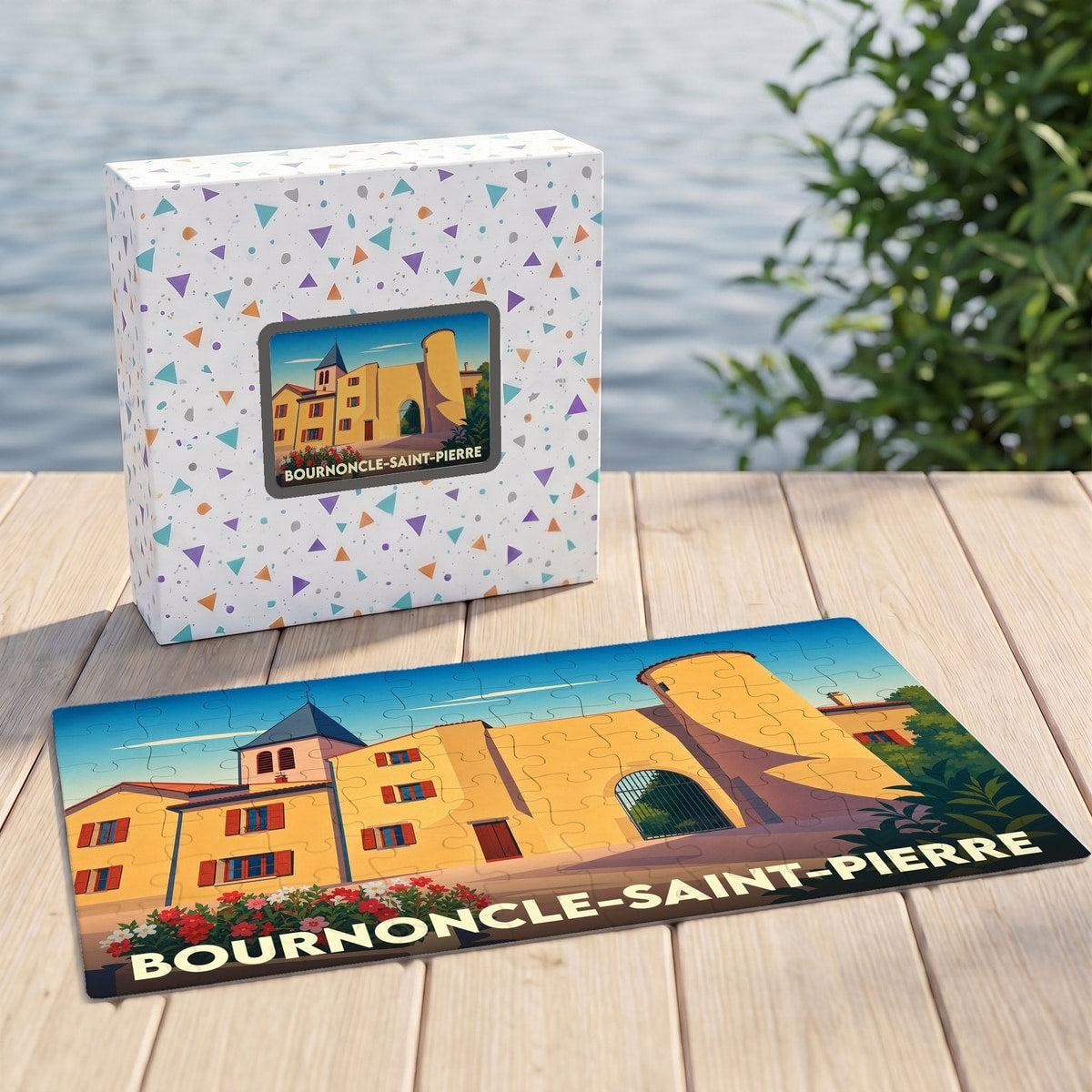 Puzzle souvenir de la ville de Bournoncle-Saint-Pierre avec une illustration stylisée et colorée.