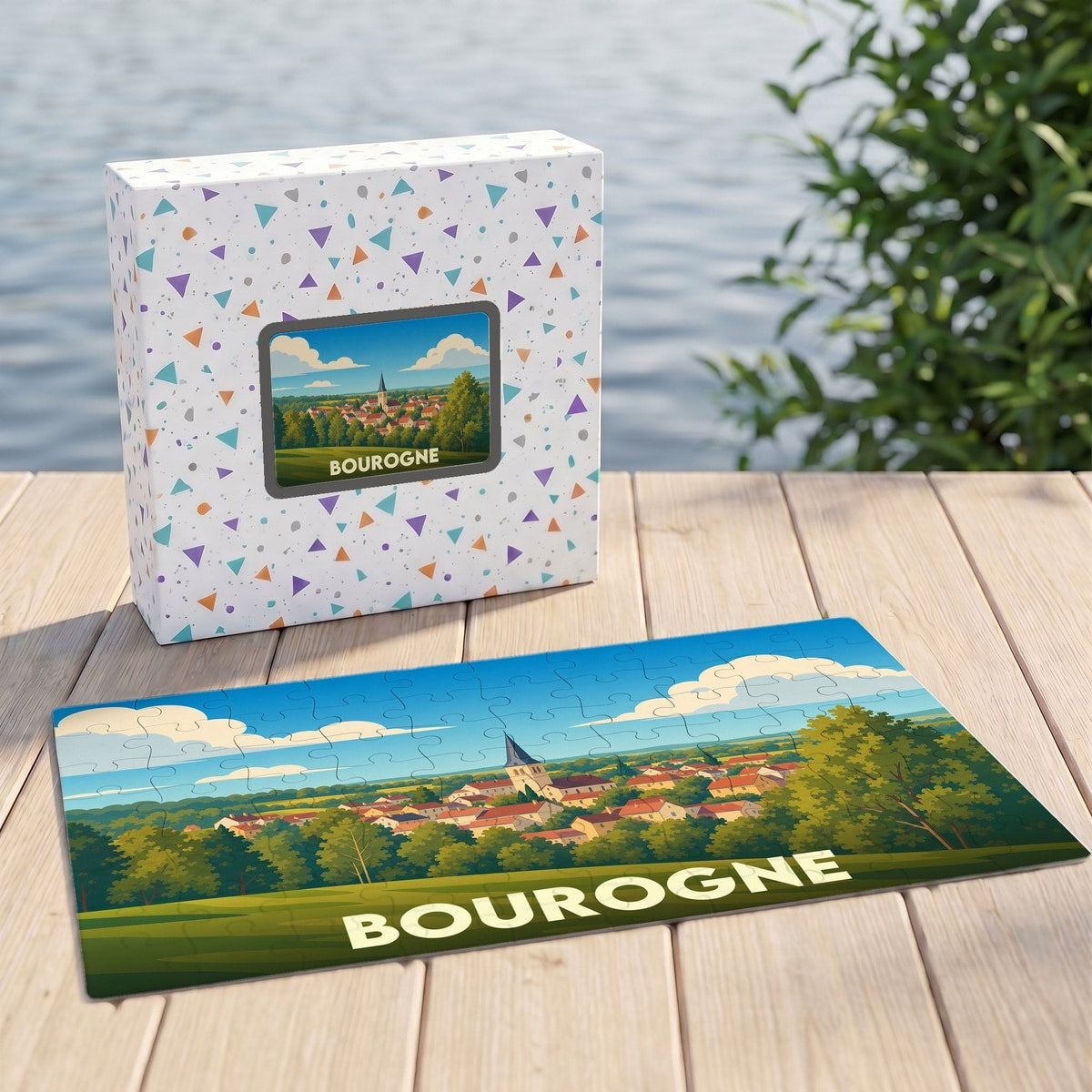 Puzzle souvenir de la ville de Bourogne avec une illustration stylisée d'un paysage urbain.