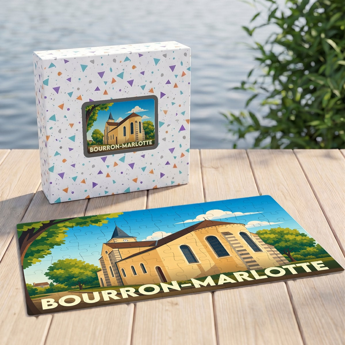 Puzzle souvenir de la ville de Bourron-Marlotte avec une illustration stylisée d'une église.