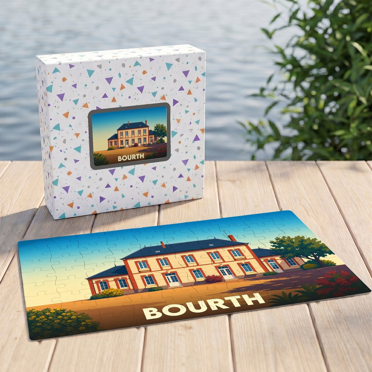 Puzzle souvenir de la ville de Bourth avec une illustration stylisée d'un bâtiment remarquable.