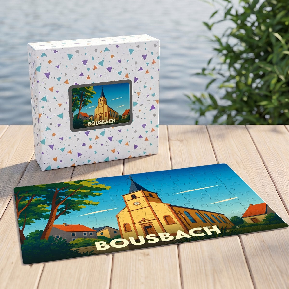 Puzzle souvenir de la ville de Bousbach avec une illustration stylisée de son église.