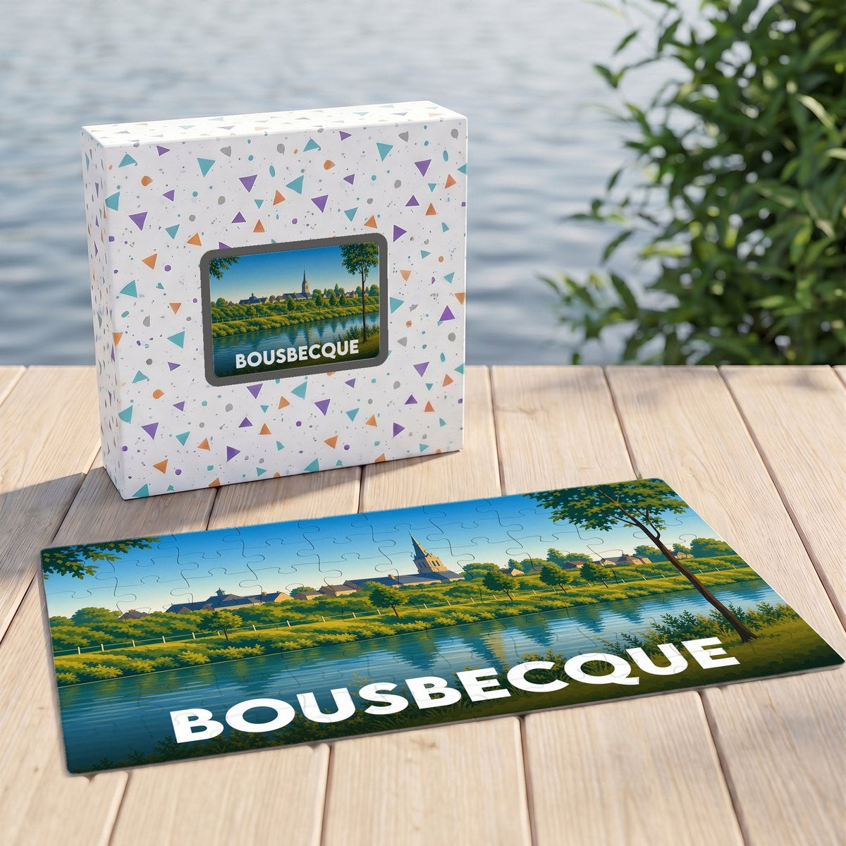 Puzzle souvenir de la ville de Bousbecque avec une illustration stylisée des bords de Lys.