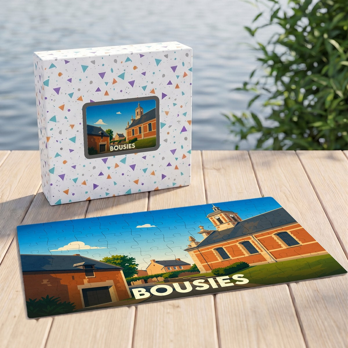 Puzzle souvenir de la ville de Bousies avec une illustration stylisée de son église et de ses maisons.