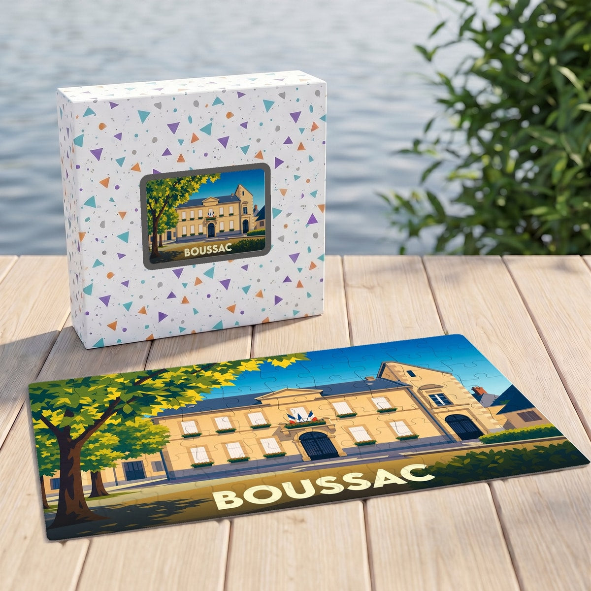 Puzzle souvenir de la ville de Boussac avec une illustration stylisée d'un bâtiment historique.