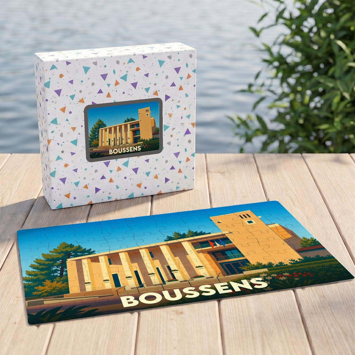 Puzzle souvenir de la ville de Boussens avec une illustration stylisée de son architecture.