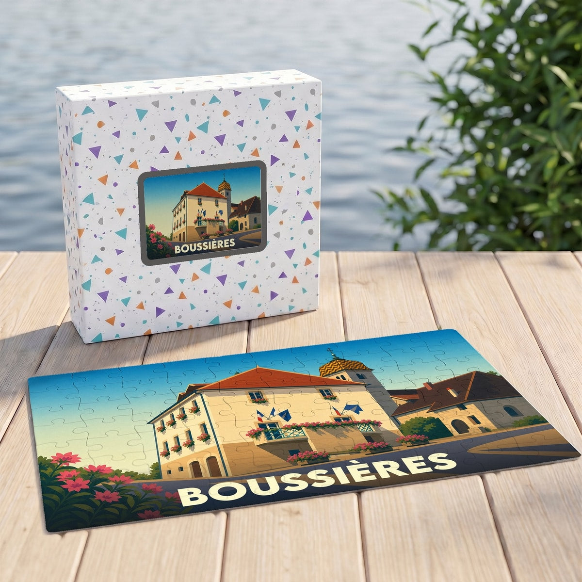 Puzzle souvenir de la ville de Boussières avec une illustration stylisée et sa boîte assortie.