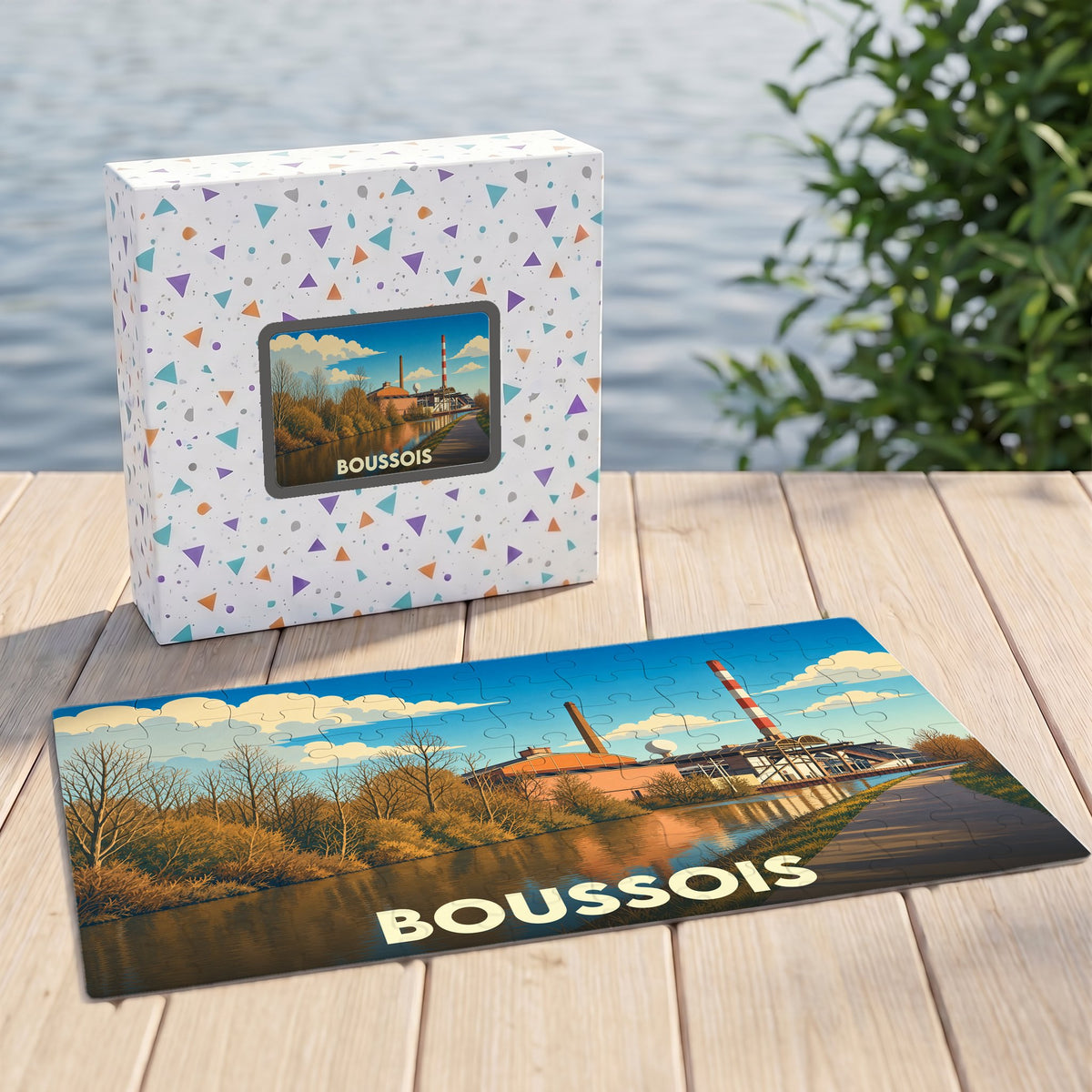 Puzzle souvenir de la ville de Boussois avec une illustration stylisée de son paysage industriel au bord de l'eau.