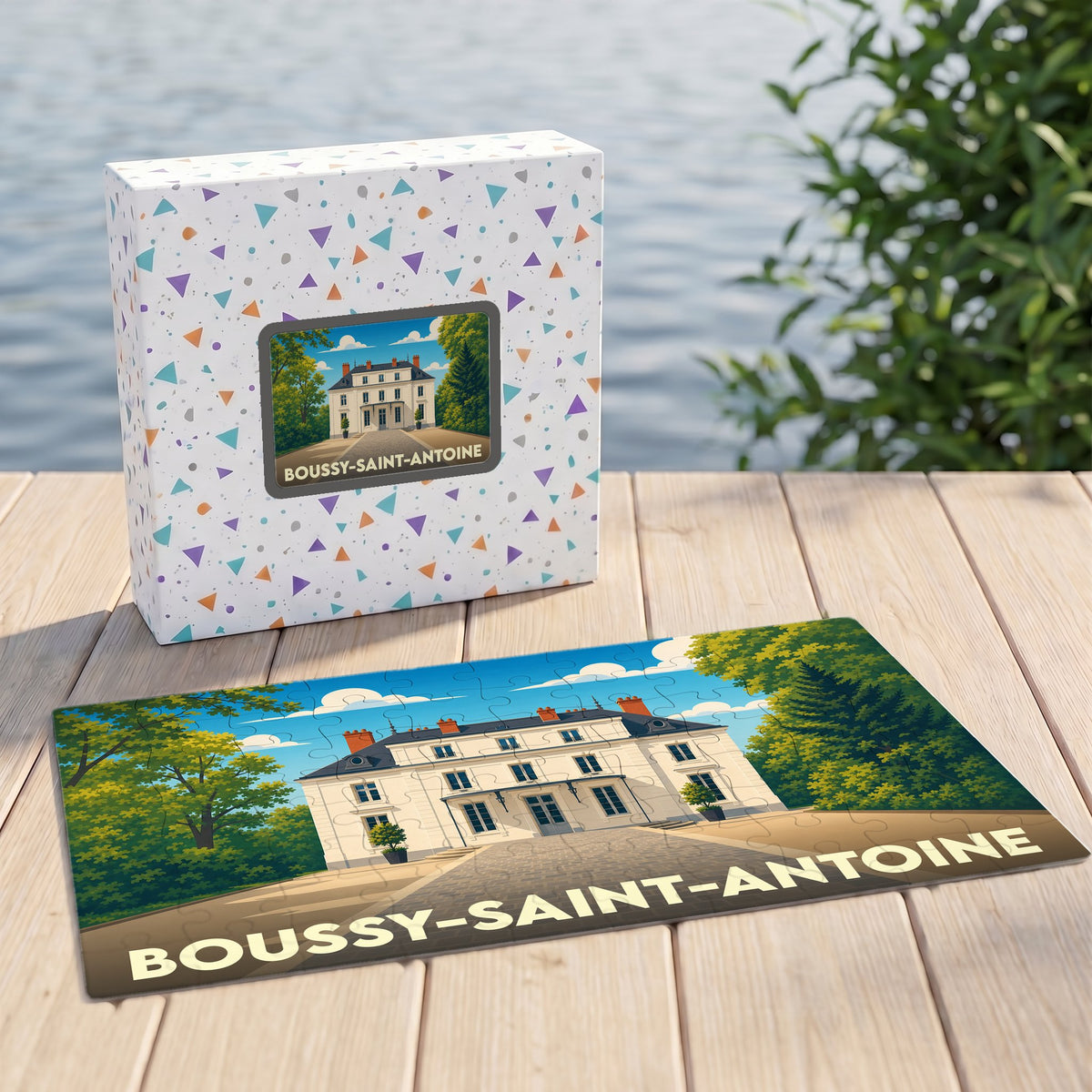 Puzzle souvenir de la ville de Boussy-Saint-Antoine avec une illustration stylisée d'un château.