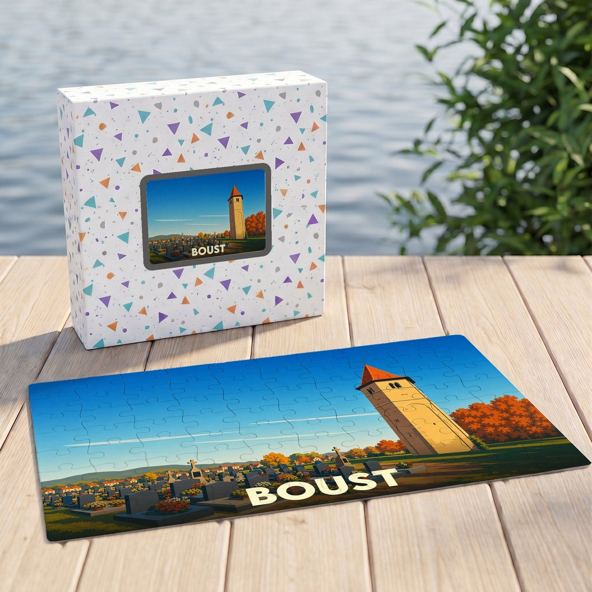 Puzzle souvenir de la ville de Boust avec une illustration stylisée représentant son église et son cimetière.
