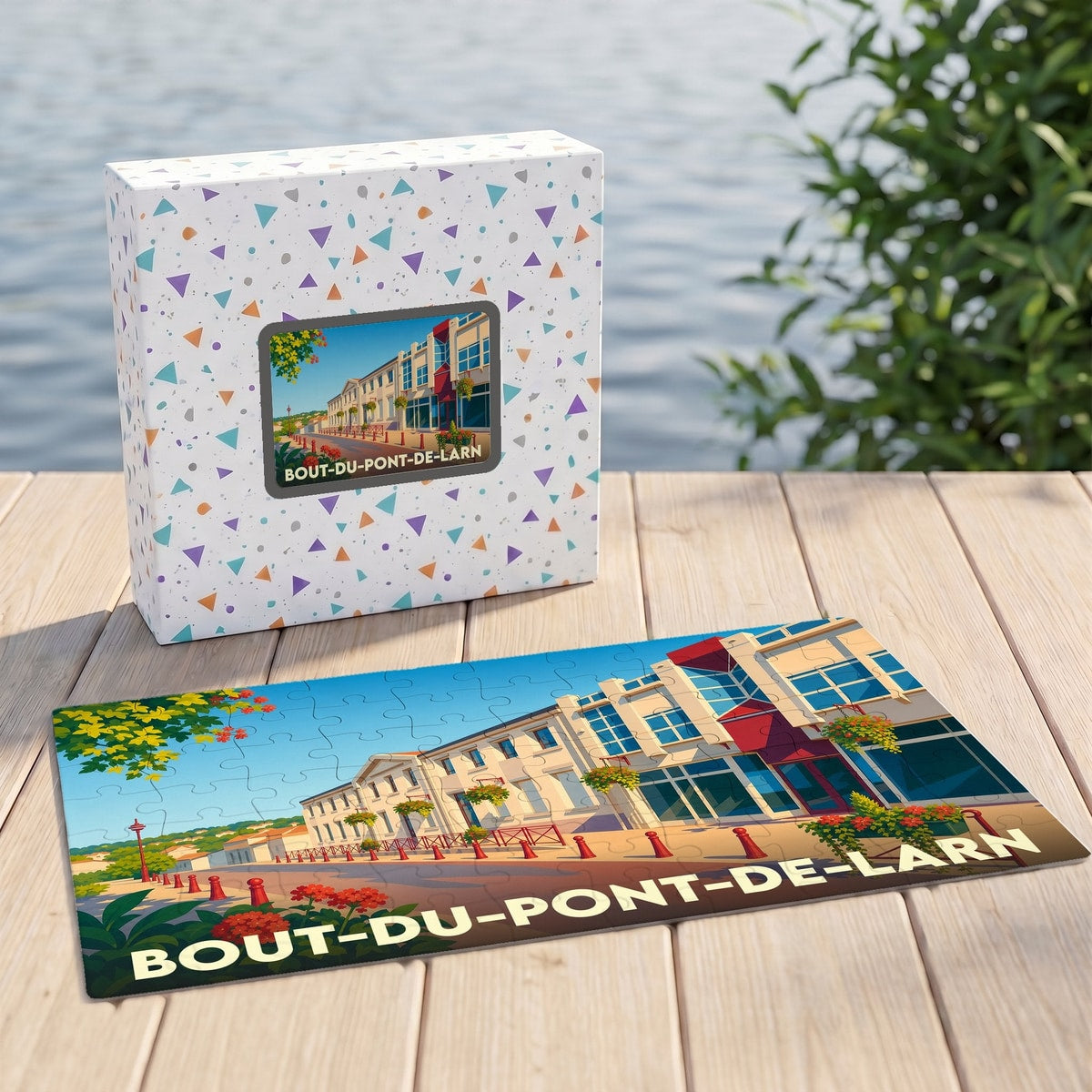 Puzzle souvenir de la ville de Bout-du-Pont-de-Larn avec une illustration stylisée et colorée.