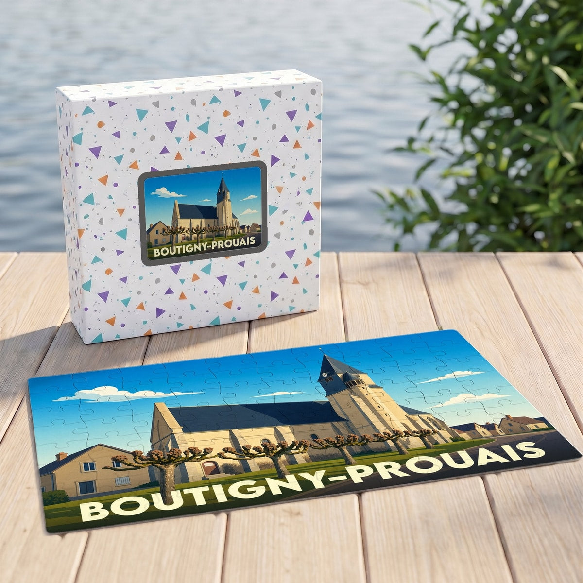 Puzzle souvenir de la ville de Boutigny-Prouais représentant son église avec une illustration stylisée.