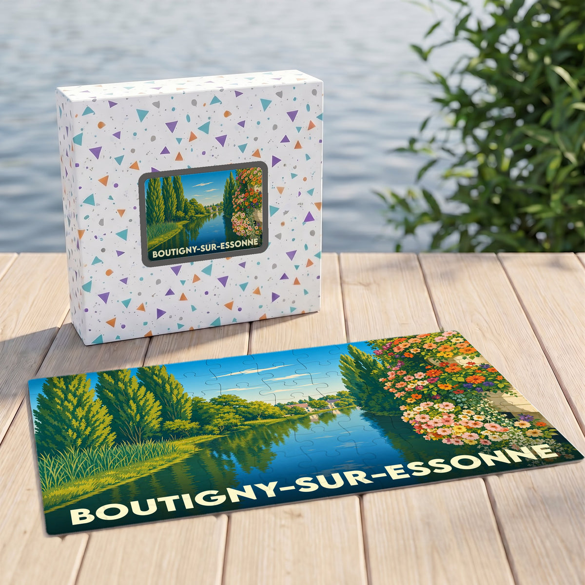 Puzzle souvenir de la ville de Boutigny-sur-Essonne avec une illustration stylisée des bords de l'Essonne.