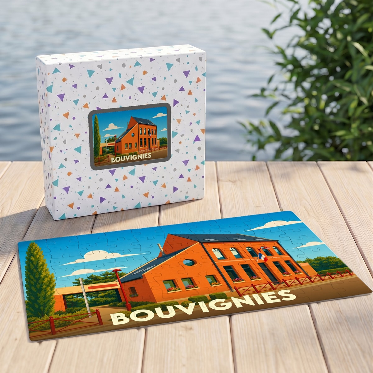 Puzzle souvenir de la ville de Bouvignies avec une illustration stylisée d'un bâtiment en briques.