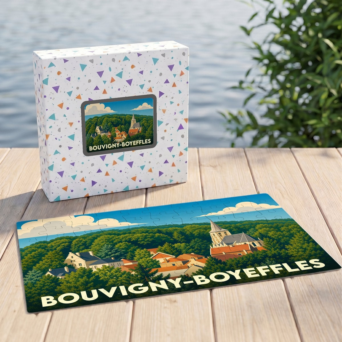 Puzzle souvenir de la ville de Bouvigny-Boyeffles avec une illustration stylisée de son paysage urbain et forestier.