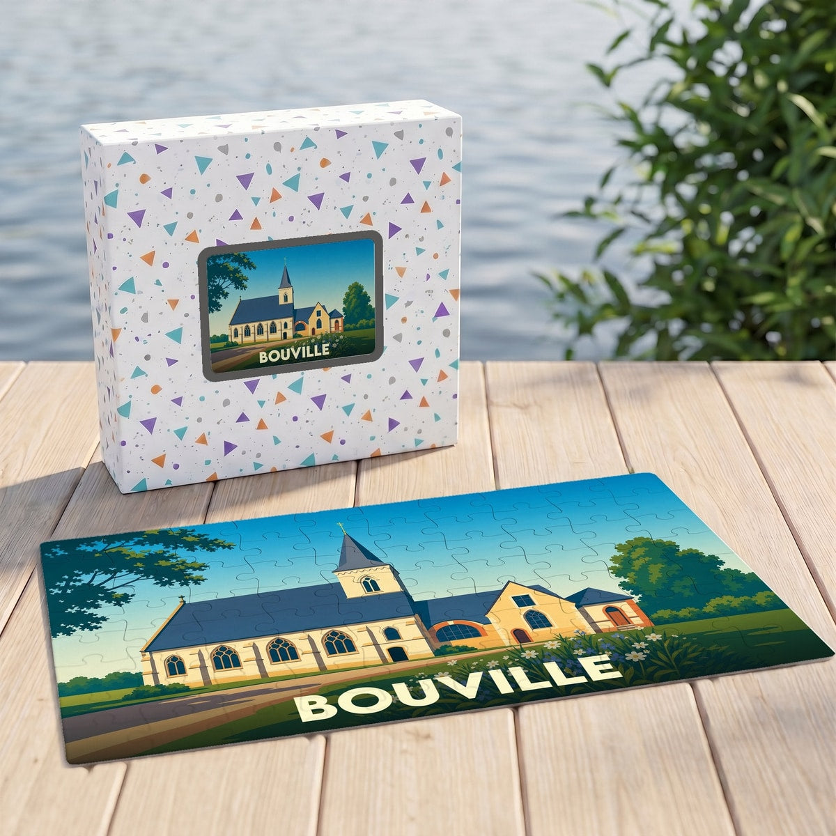 Puzzle souvenir de la ville de Bouville illustré d'un paysage stylisé.