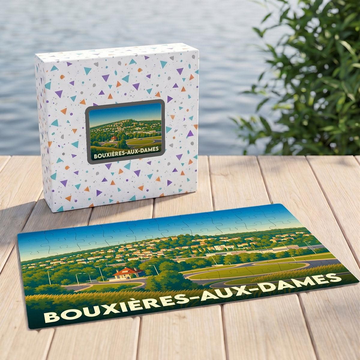 Puzzle souvenir de la ville de Bouxières-aux-Dames avec une illustration stylisée de son paysage urbain.