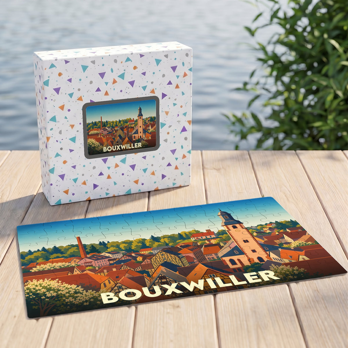 Puzzle souvenir de la ville de Bouxwiller avec une illustration colorée de son centre historique et de son clocher.