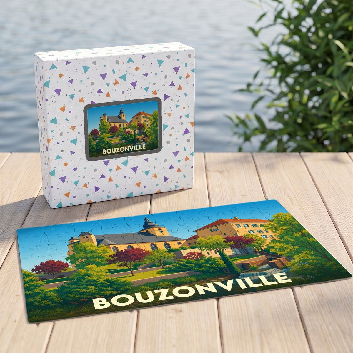 Puzzle souvenir de la ville de Bouzonville avec une illustration stylisée et colorée.