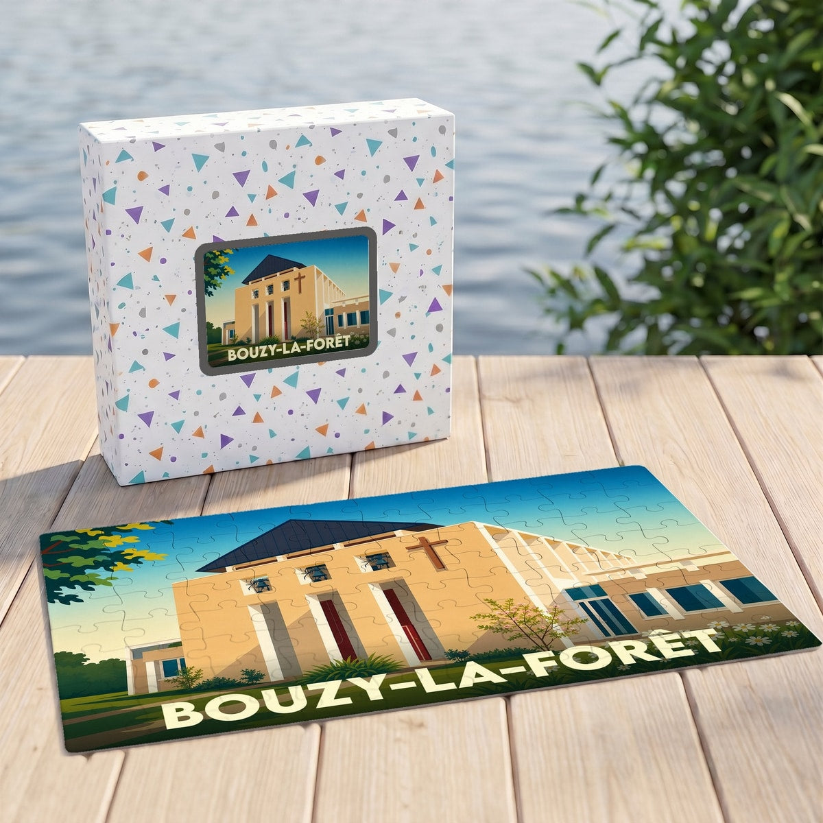 Puzzle souvenir de la ville de Bouzy-la-Forêt avec une illustration stylisée de son église et de son environnement.