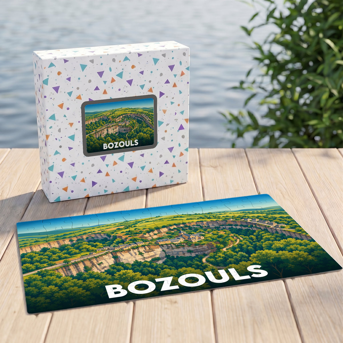 Puzzle souvenir de la ville de Bozouls avec son illustration stylisée du canyon et du village.