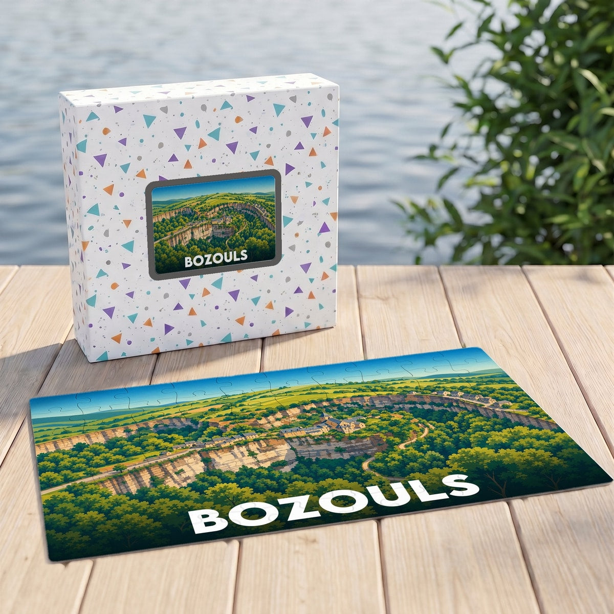 Puzzle souvenir de la ville de Bozouls avec son illustration stylisée du canyon et du village.