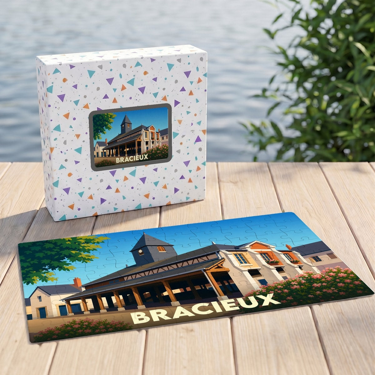 Puzzle souvenir de la ville de Bracieux avec une illustration stylisée de ses halles historiques.