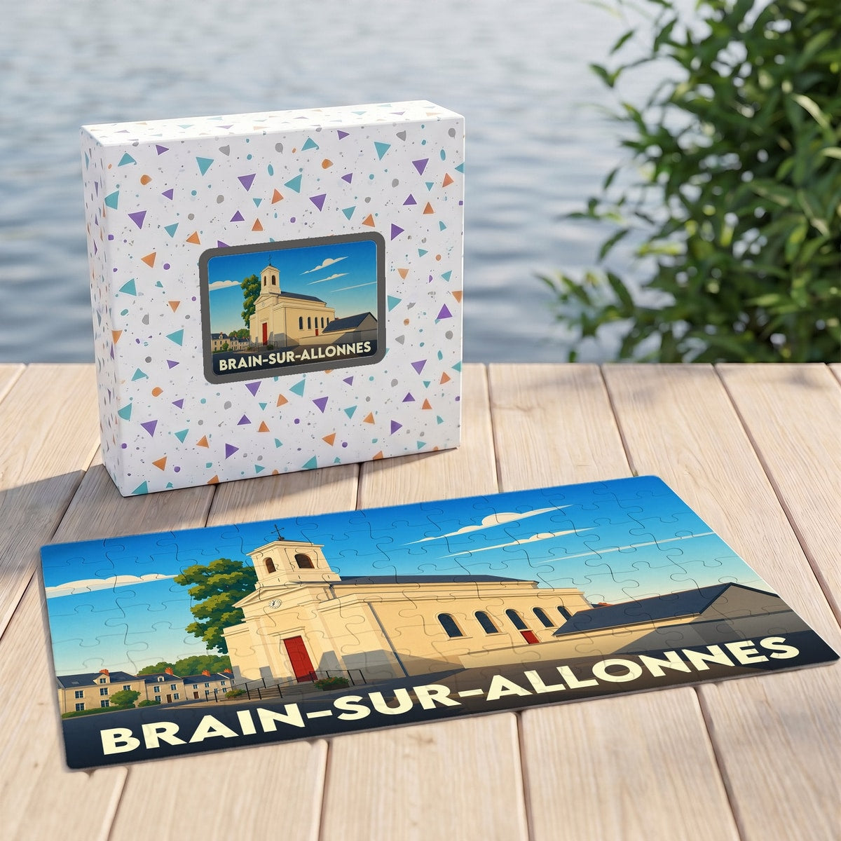Puzzle souvenir de la ville de Brain-sur-Allonnes avec une illustration stylisée de son église.