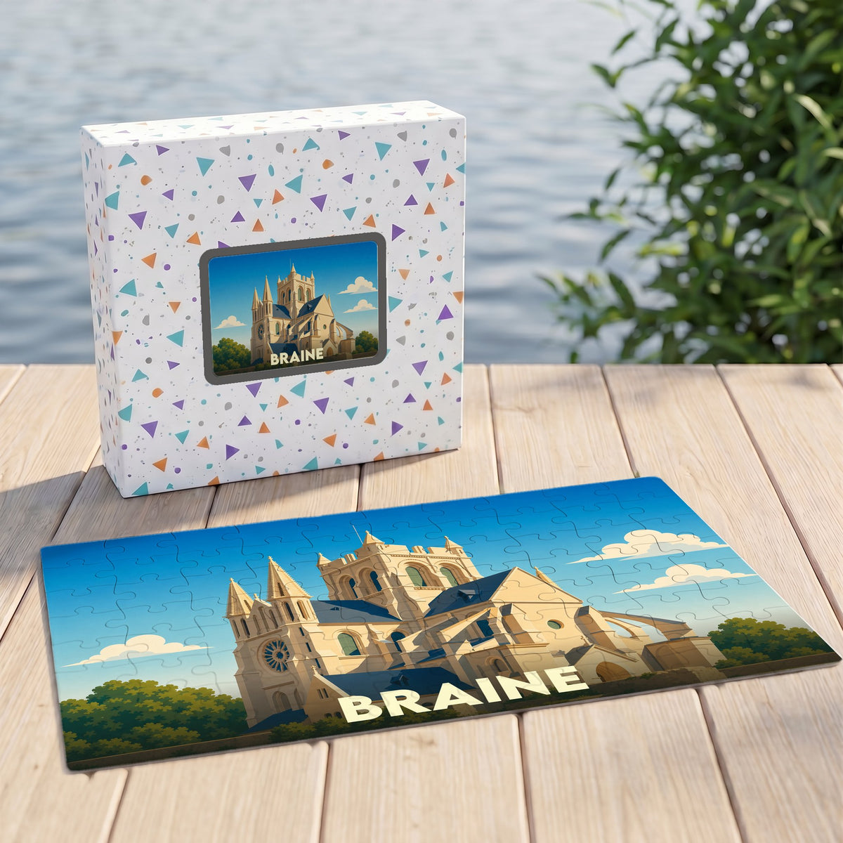 Puzzle souvenir de la ville de Braine avec une illustration stylisée de son église.