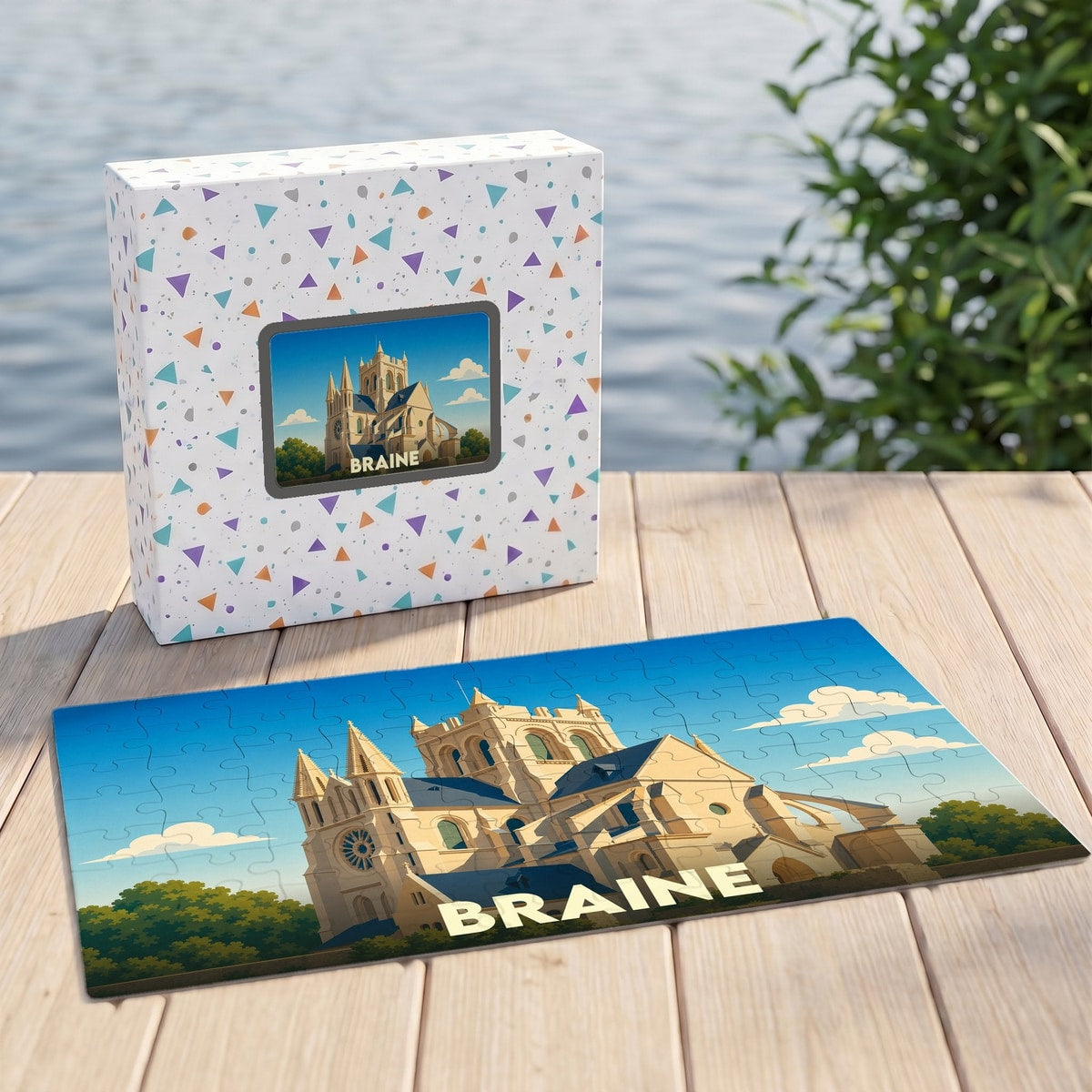 Puzzle souvenir de la ville de Braine avec une illustration stylisée de son église.