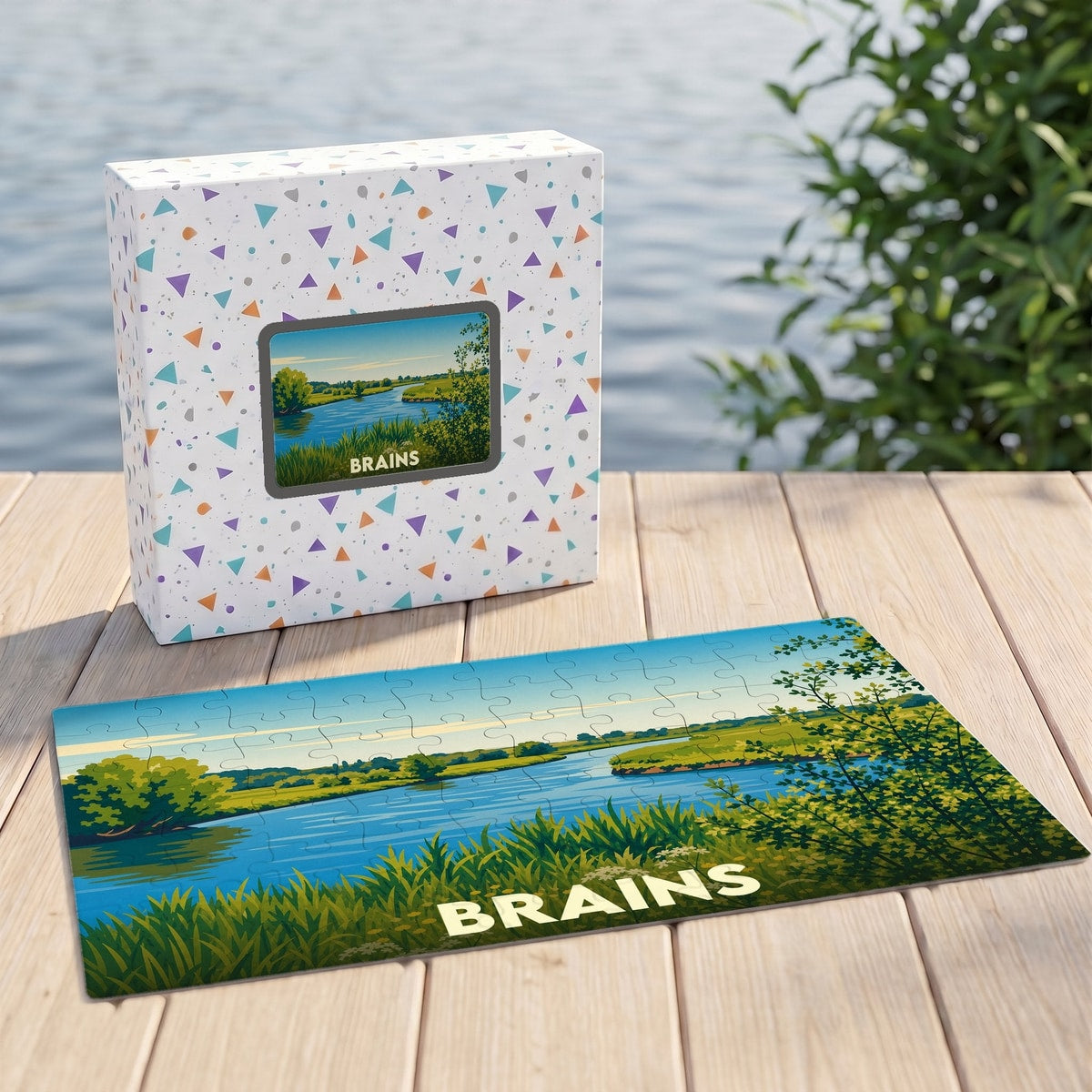 Puzzle souvenir de la ville de Brains illustrant un paysage de rivière champêtre.