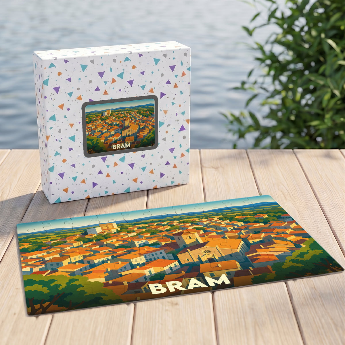 Puzzle souvenir de la ville de Bram avec une illustration stylisée et colorée.