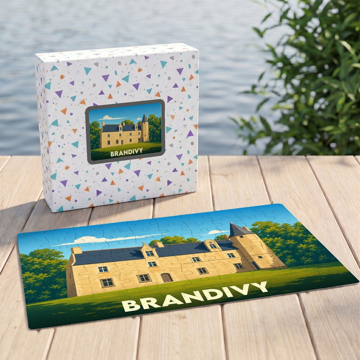 Puzzle souvenir de la ville de Brandivy représentant un manoir historique dans un style illustré.