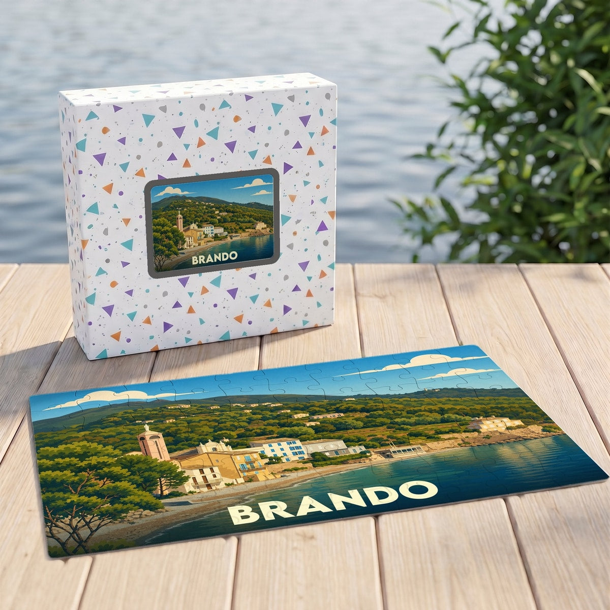 Puzzle souvenir de la ville de Brando avec une illustration stylisée de son paysage côtier.