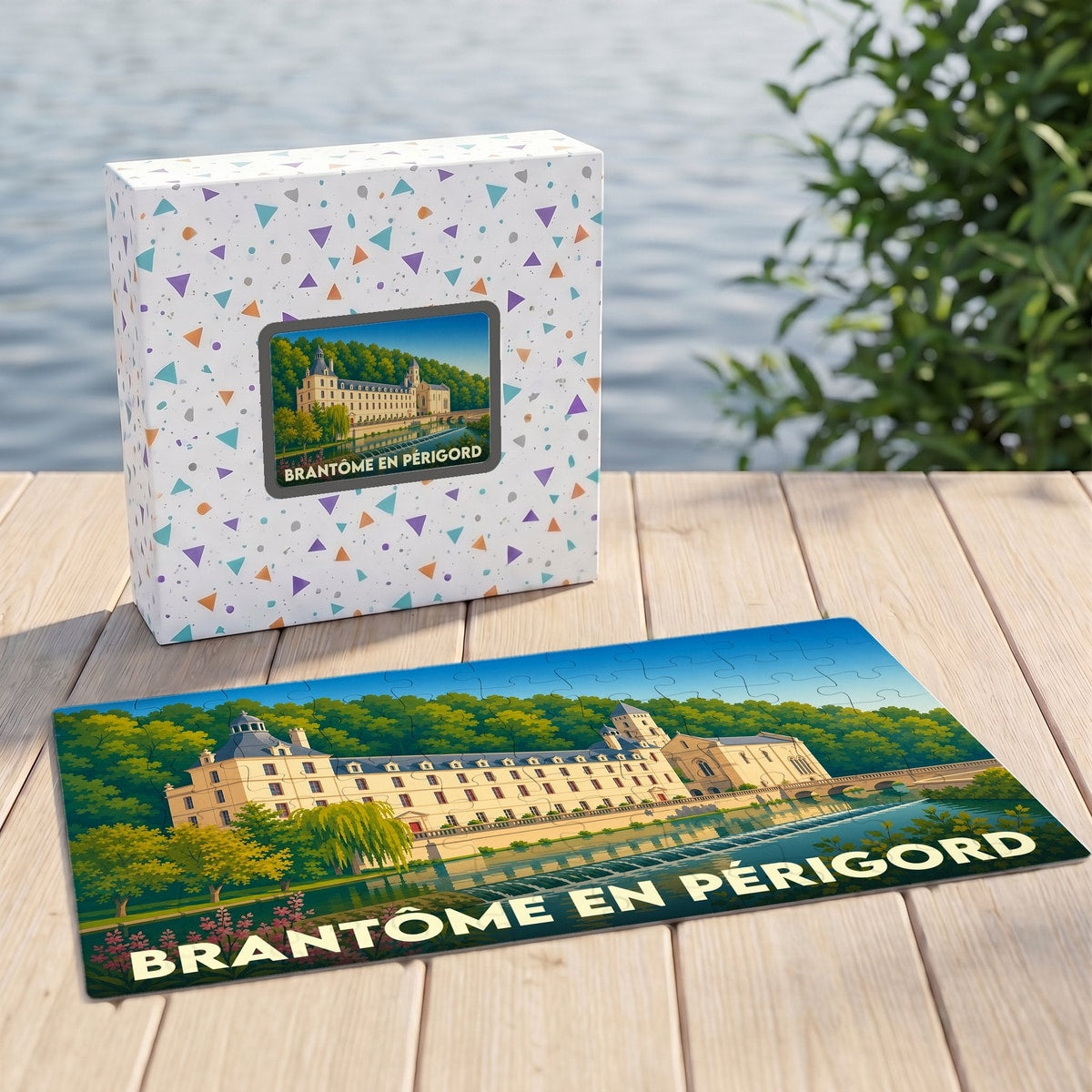 Puzzle souvenir de la ville de Brantôme en Périgord avec une illustration stylisée de son abbaye au bord de l'eau.