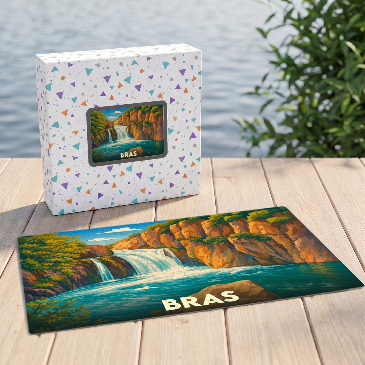 Puzzle souvenir de la ville de Bras avec une illustration stylisée d'une cascade.
