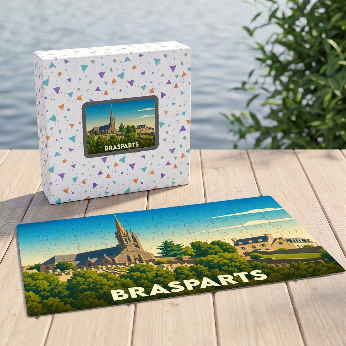 Puzzle souvenir de la ville de Brasparts avec une illustration stylisée de son église et de son paysage.