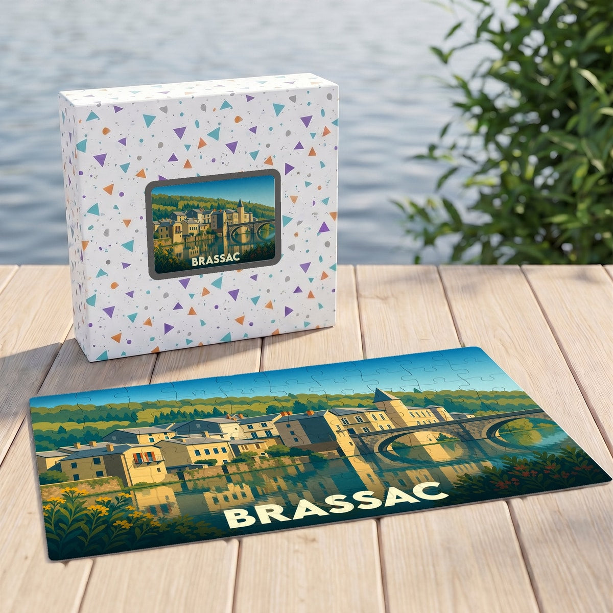 Puzzle souvenir de la ville de Brassac avec une illustration stylisée et sa boîte assortie.