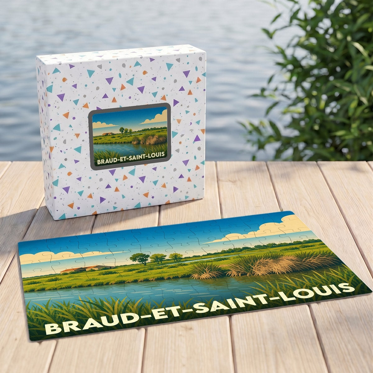 Puzzle souvenir de la ville de Braud-et-Saint-Louis avec une illustration stylisée de son paysage naturel.