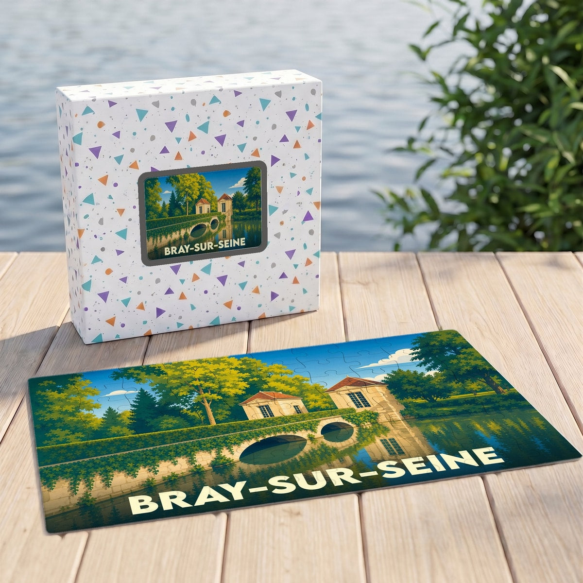 Puzzle souvenir de la ville de Bray-sur-Seine avec une illustration stylisée d'un pont et de son reflet.