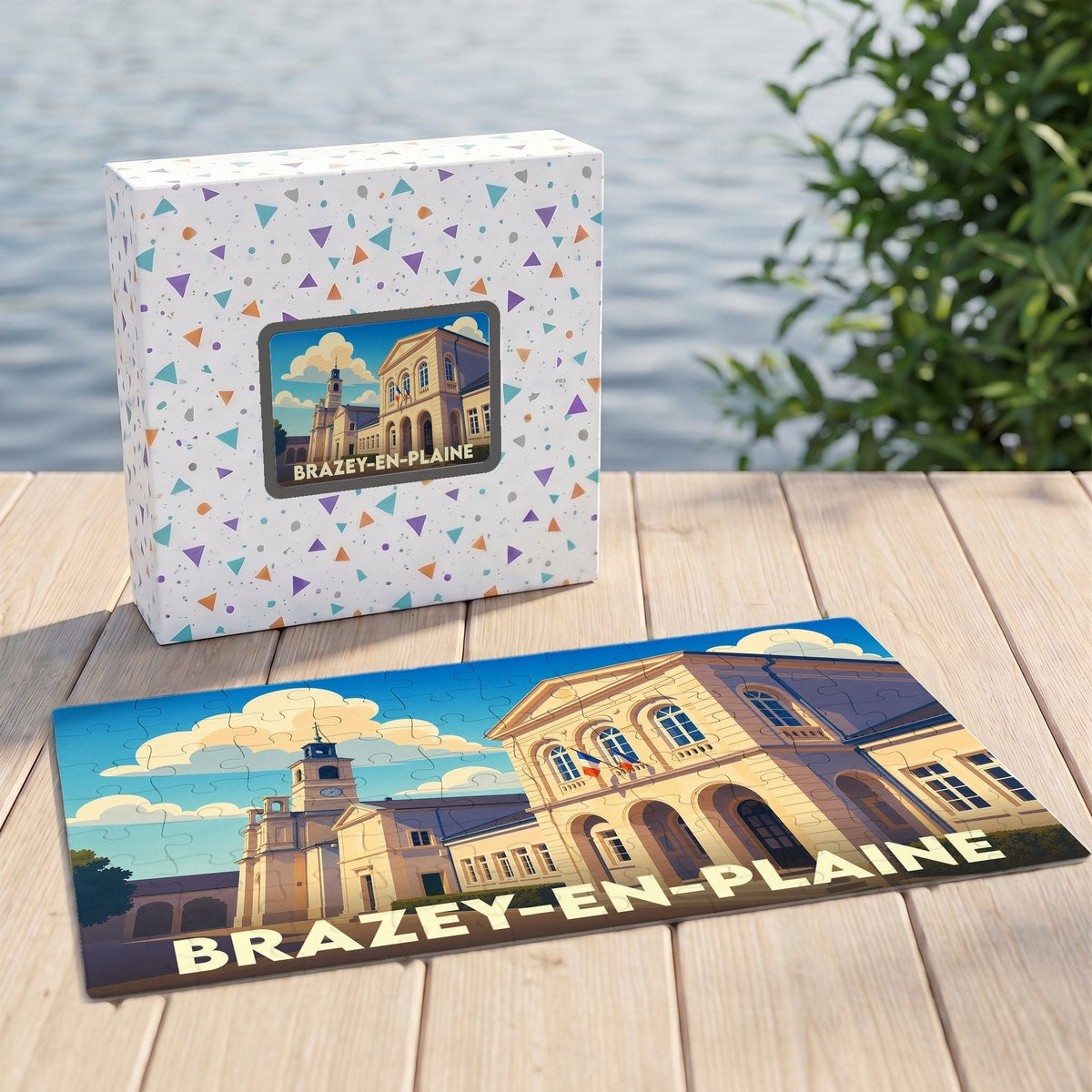 Puzzle souvenir de la ville de Brazey-en-Plaine avec une illustration stylisée de son architecture.