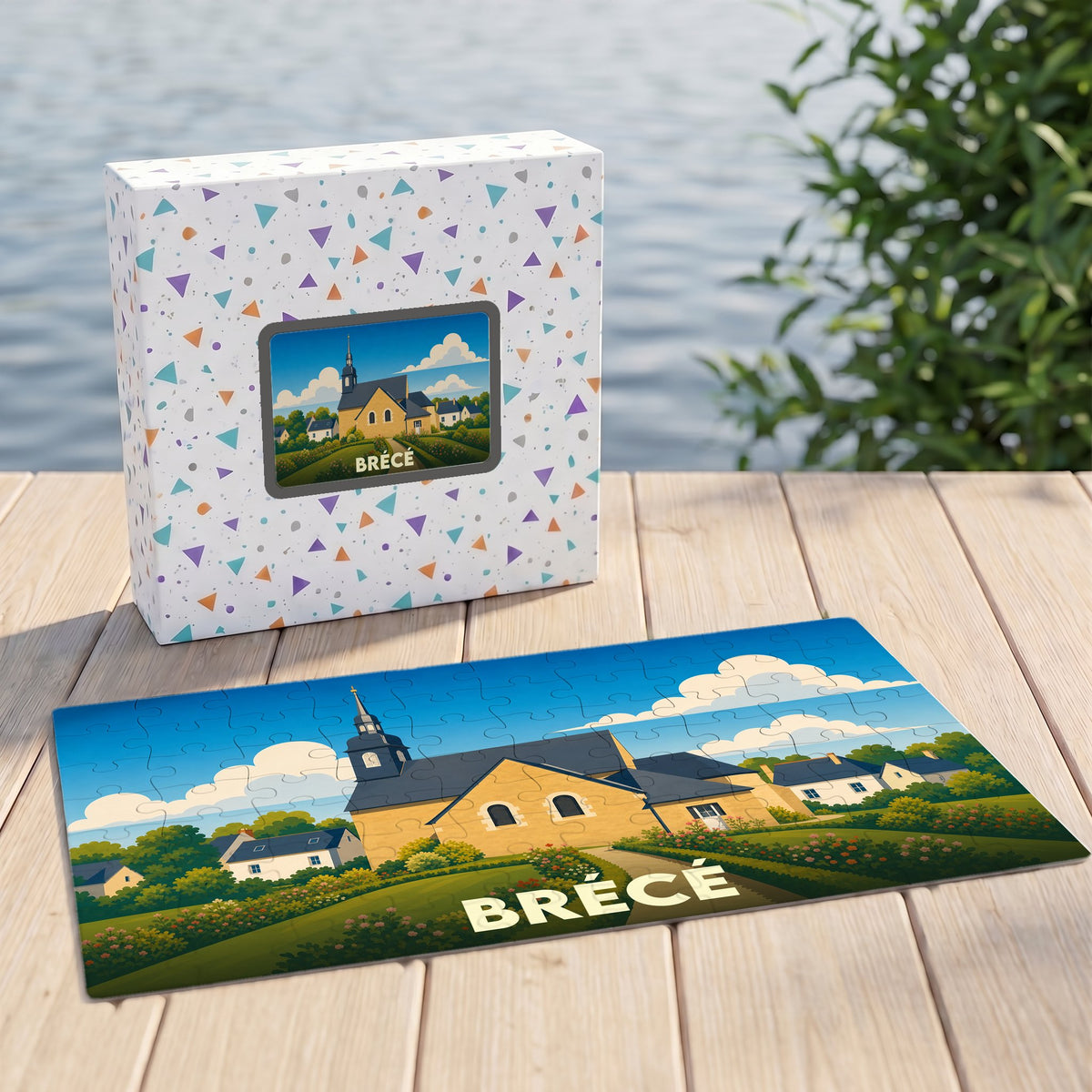 Puzzle souvenir de la ville de Brécé présentant une illustration stylisée d'une église sous un ciel azur.