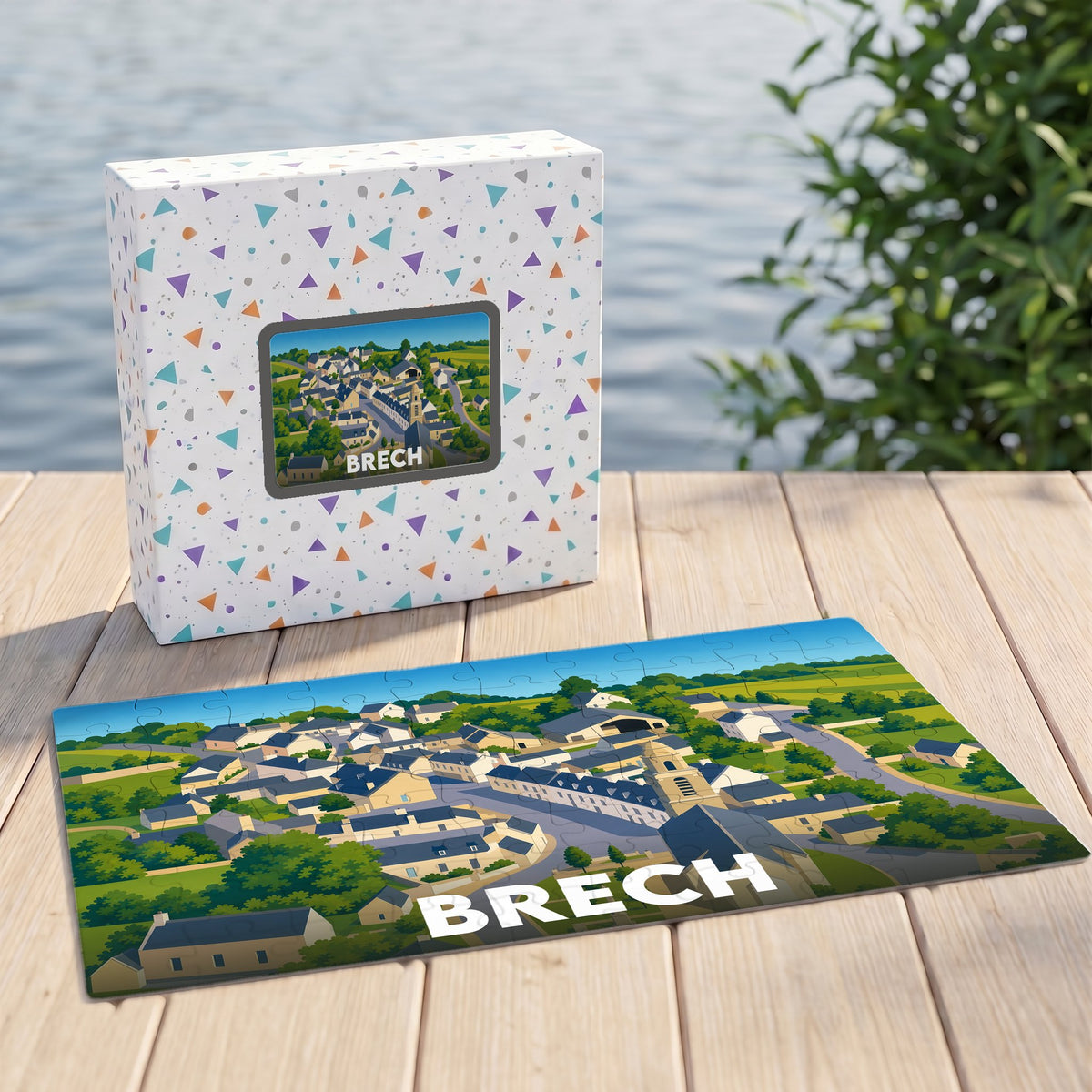 Puzzle souvenir de la ville de Brech avec une illustration stylisée.