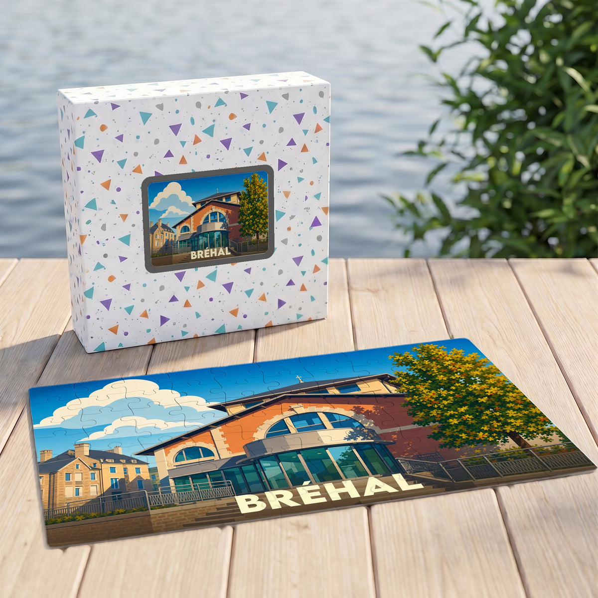 Puzzle souvenir de la ville de Bréhal avec une illustration stylisée.