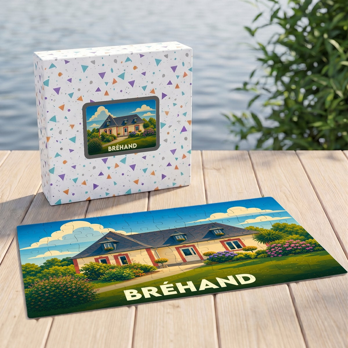 Puzzle souvenir de la ville de Bréhand illustrant une maison bretonne dans un style coloré.