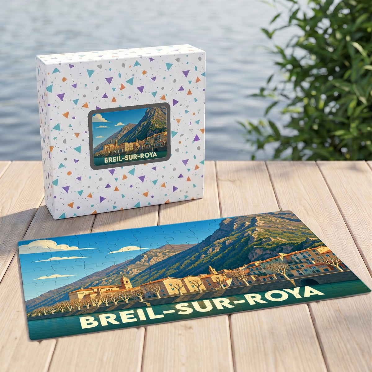 Puzzle souvenir de la ville de Breil-sur-Roya avec une illustration stylisée et colorée.