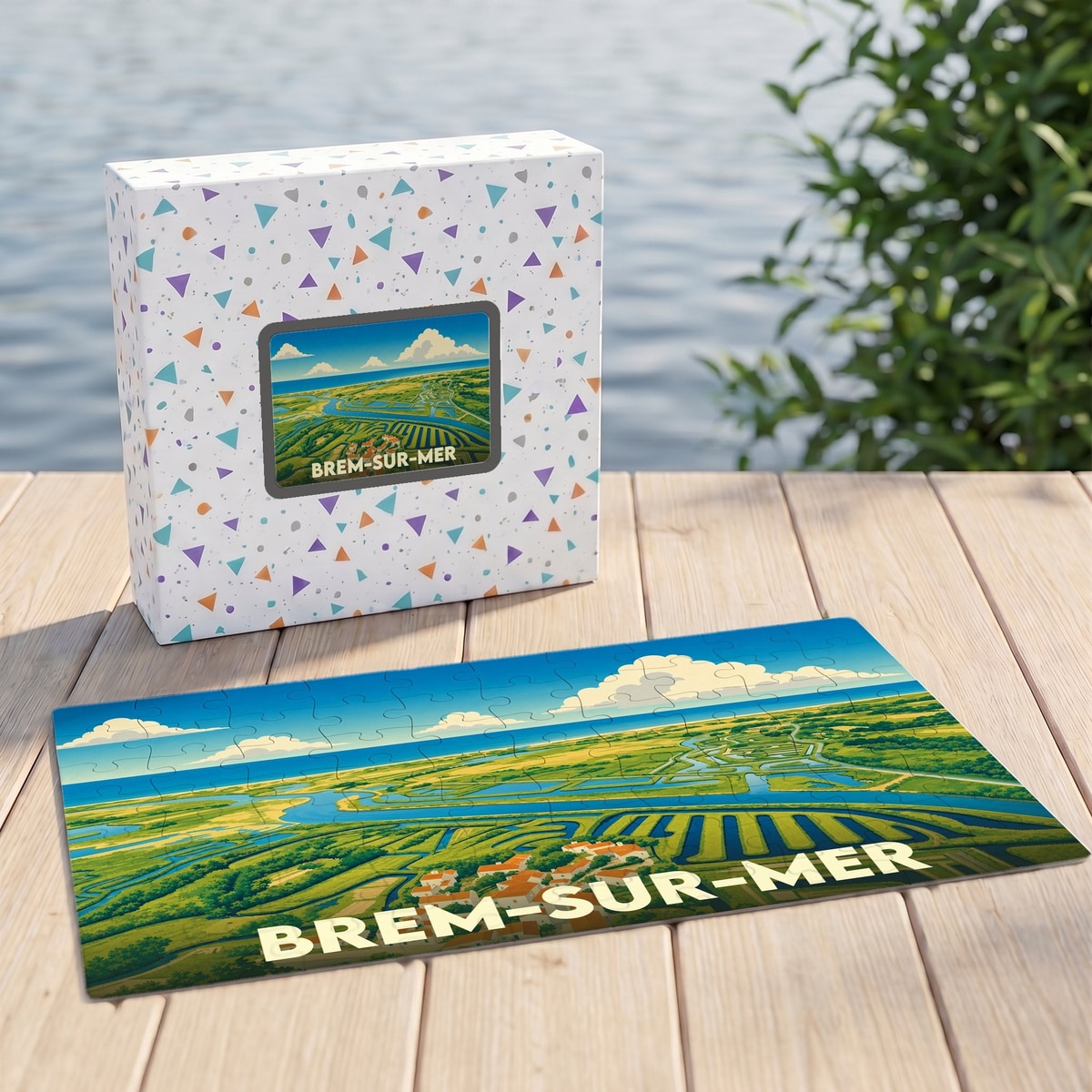 Puzzle souvenir de la ville de Brem-sur-Mer avec une illustration stylisée de ses marais salants.